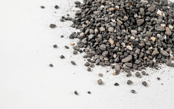 Pile of dark grey gravel isolated on white