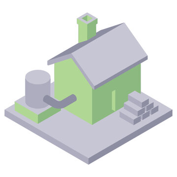 Isometric tiny house icon set with water tank and wood pile