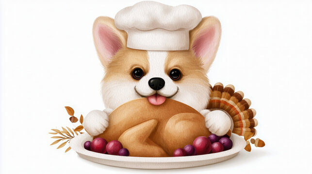 Cute corgi dog wearing chef hat holding roasted turkey on plate with berries and autumn leaves, festive and joyful illustration