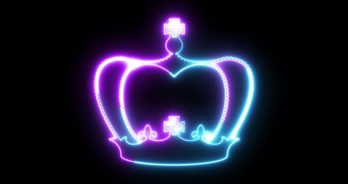 Neon Glowing Royal Crown Animation on Black Background &ndash; Luxury King Queen Crown Icon, Regal Light Outline, Seamless Loop, 4K Motion Graphics with Alpha