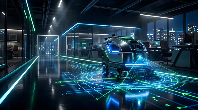 Advanced intelligent cleaning robot modern office with projected laser scanning, futuristic automation, neon glowing accents, reflective surfaces, cinematic sci-fi 3d illustration