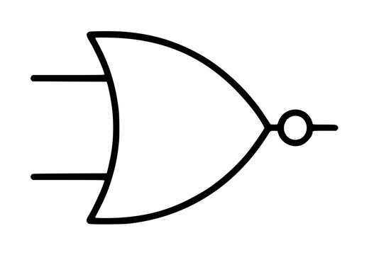 Minimalist NOR logic gate vector icon for electronic circuit design and digital engineering schematics, featuring a clean black line illustration of a standard boolean algebra component symbol.