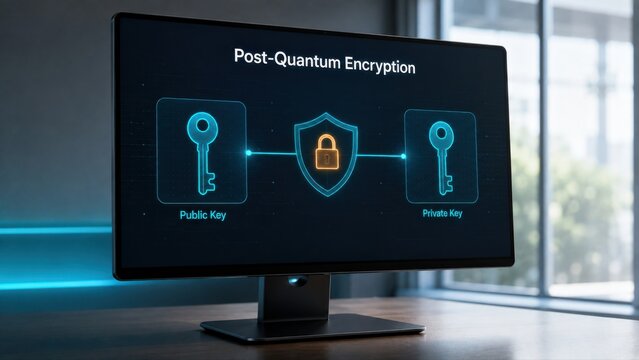 Post-Quantum Encryption Public and Private Key Diagram on Desktop Monitor