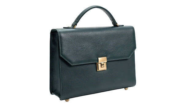 Elegant dark green leather handbag featuring a sturdy top handle and a polished gold metallic clasp closure crafted with high quality texture on transparent background