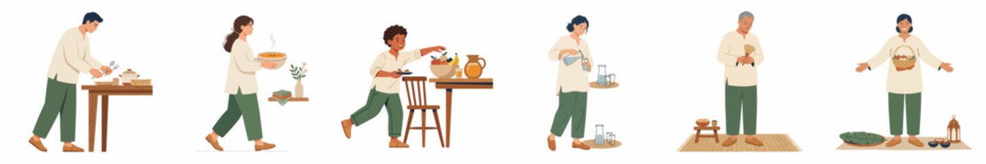 Fototapeta premium Collection of flat vector illustrations featuring diverse people of different ages performing daily domestic activities and household chores in a minimalist style.