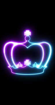 Vertical Neon Royal Crown Animation on Black Background &ndash; Glowing Luxury King Queen Crown Icon, Regal Light Outline, Seamless Loop, 4K Vertical with Alpha