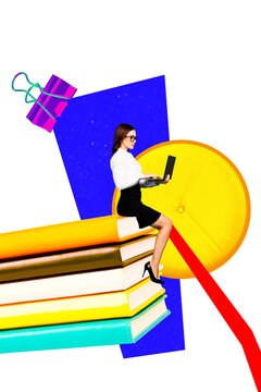 Vertical collage young businesswoman literature book stack reader deadline clock management urgency late miss hour laptop remote job