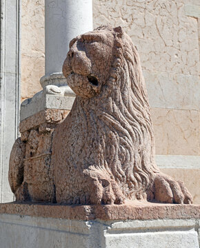 pink marble column-bearing lions supporting the columns of the portal of Piacenza Cathedral, a Romanesque architecture from the Po Valley dating back to the 12th century