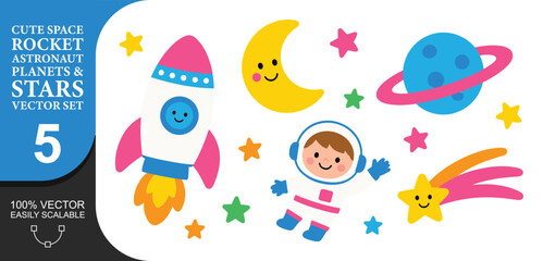 Cute outer space collection featuring colorful rocket ship smiling yellow crescent moon happy little astronaut planets and shining stars for nursery wall art. © PixiBoo Studio