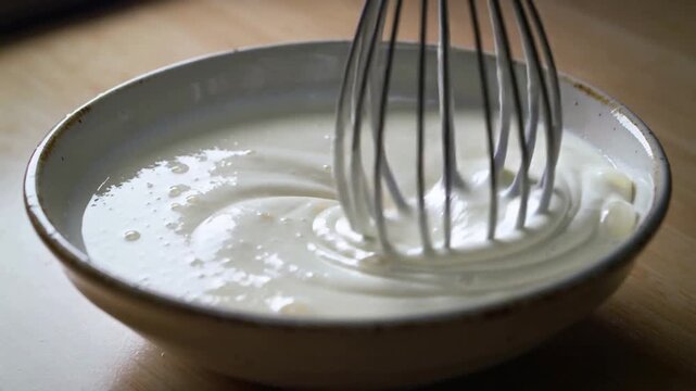 Lowering metal whisk stirring pale cream in ceramic bowl at kitchen countertop, smoothing lumps