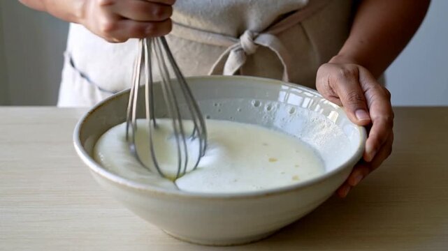 Lowering balloon whisk, cook whisking batter at kitchen counter in light tied-front apron to aerate