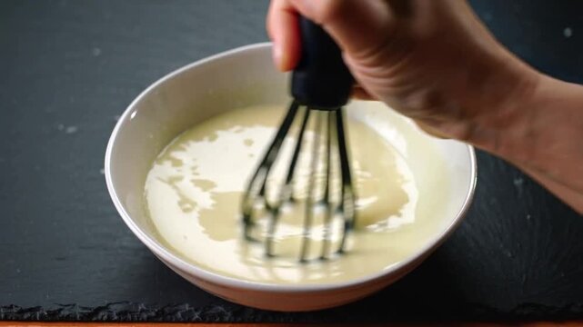Whisking hand stirring batter in bowl with whisk entering from top right on counter smoothing