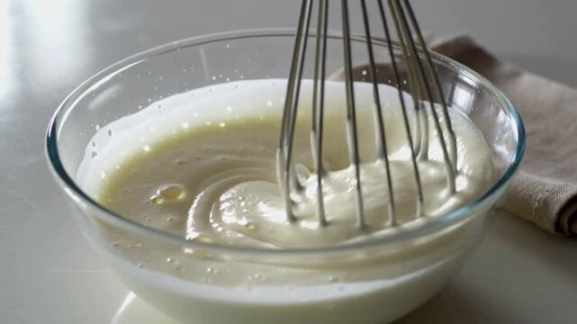 Lowering steel whisk mixing pale batter to combine in glass bowl on kitchen counter with napkin