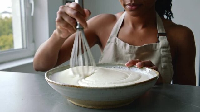 Whisking woman pressing whisk into mixture at home kitchen, in apron steadying bowl to aerate