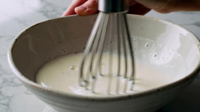 Placing metal whisk into ceramic bowl, right hand whisking pale liquid on marble counter, aerating