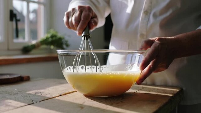Whisk entering cook's hands whisking egg mix in glass bowl on home counter for omelet white-sleeves