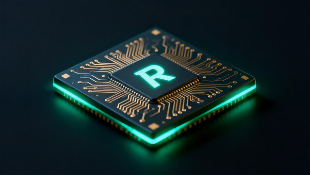 Glowing R letter microprocessor chip on dark background