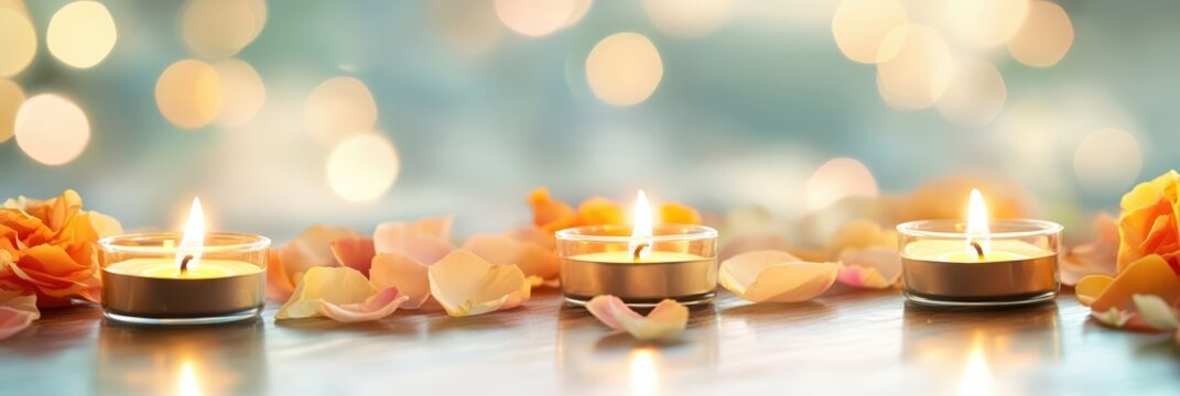 A row of glowing tealight candles sits among rose and marigold petals. Warm candlelight reflects off a wooden surface, creating a romantic, tranquil ambiance.