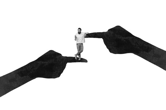 Creative sketch image collage of happy freelancer man stand human hands shadow marionette exploitation hold phone control