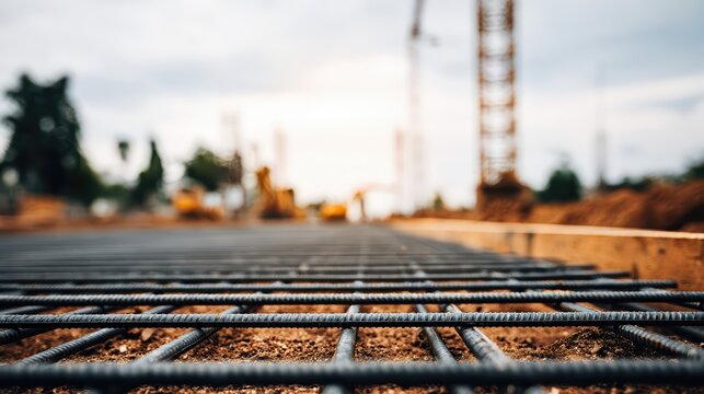 Steel reinforcement bars form a precise grid within a concrete foundation at a construction site. Ultra-realistic detail captures engineering and infrastructure in progress.