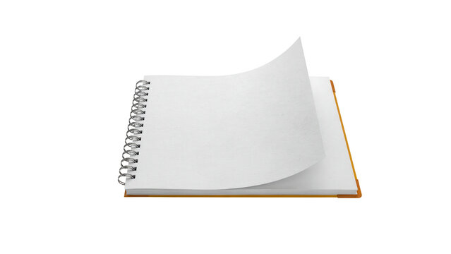 Open spiral bound notepad with one blank page curling up showing white paper texture for creative writing and artistic sketching projects presented on transparent background