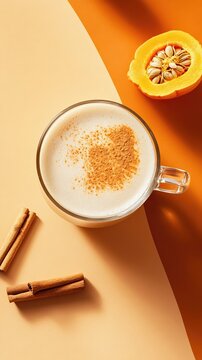 A vibrant pumpkin spice latte with thick foam sits on a terracotta and ivory backdrop. Surrounded by cinnamon sticks and nutmeg, it radiates cozy autumn vibes.