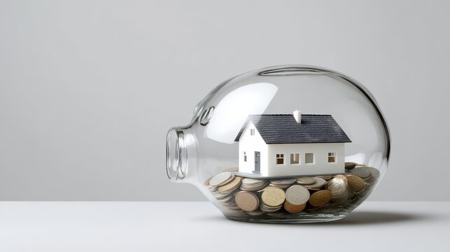 A detailed house model rests inside a transparent piggy bank filled with coins. This ultra realistic image highlights financial savings and smart property investment concepts.