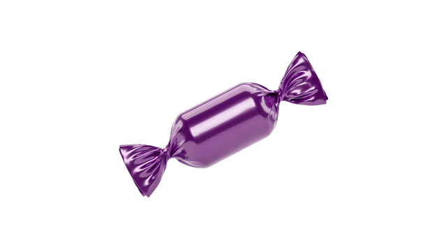 Shiny purple wrapped candy featuring a smooth metallic foil texture with realistic folds and crinkled edges captured in a high resolution 3d render on transparent background