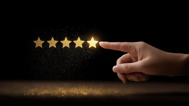 A finger touches the glowing fifth star in a five-star rating system. Golden particles create a premium, ultra realistic review and customer satisfaction scene.