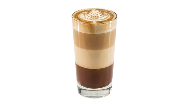Delicious layered espresso beverage with beautiful milk foam art served in a tall clear glass cup for caffeine lovers presented isolated on transparent background