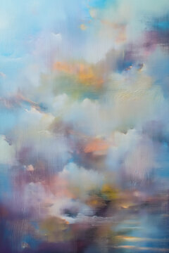 Soft pastel colored abstract oil painting depicting a dreamlike sky with ethereal clouds and an atmospheric gradient of colors