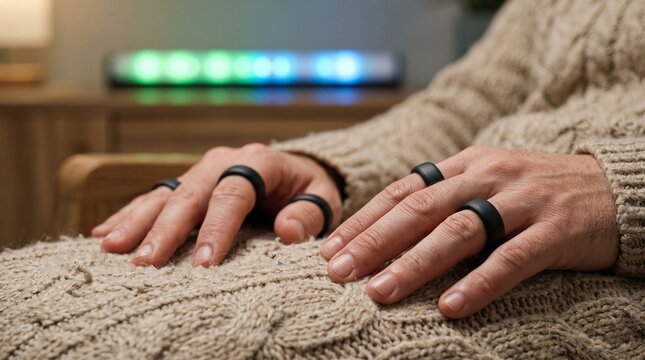 Macro close up of patient wearing smart haptic rings during EMDR therapy session