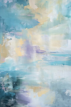 Abstract artwork featuring expressive brushstrokes of pastel blue, teal, yellow, and purple, evoking a peaceful, dreamy scene