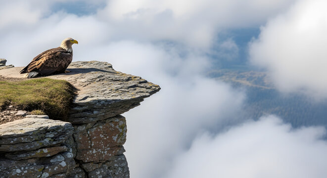 Majestic eagle perched on rocky cliff edge.