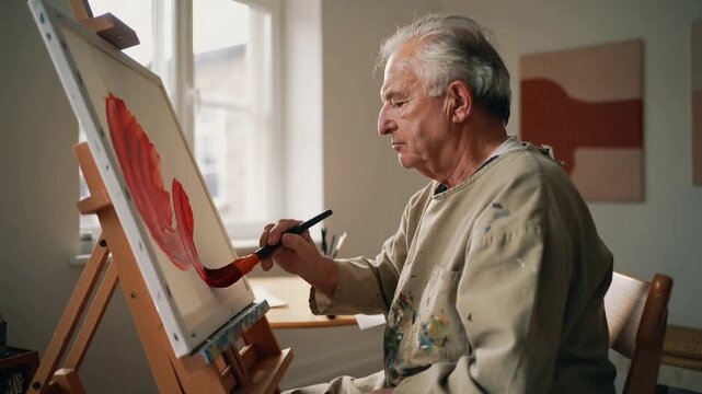 Starting with red stroke senior man in smock working at studio easel with brush, building oval