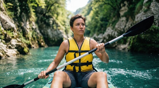 A woman rows a kayak in a river between tall green cliffs. Sunlight shines on the water as she focuses on paddling