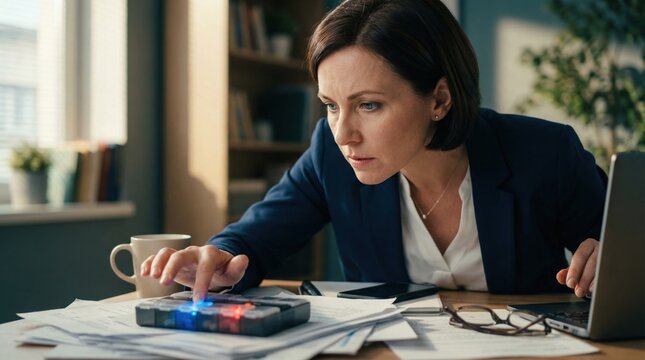A woman sits at a desk covered with papers and uses a device while focusing on her task in a brightly lit office