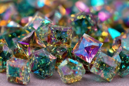 Small crystals with various shapes and vibrant colors are spread out on a surface in a well-lit area, creating a shimmering effect