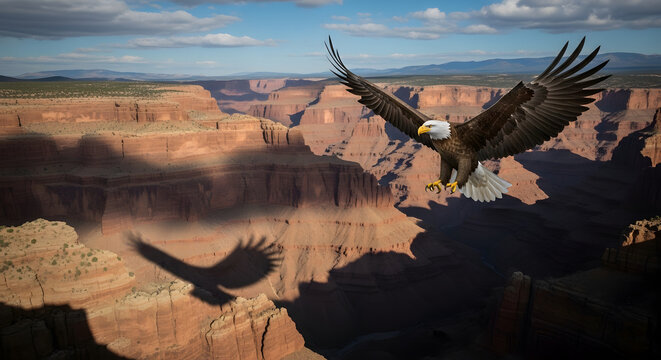 Majestic eagles soaring over grand canyon landscape.