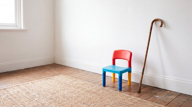 A Children's Chair and an Old Walking Cane Symbolizing an Aging Society