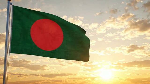National flag of bangladesh waving in the wind against a golden sunset sky country patriotic