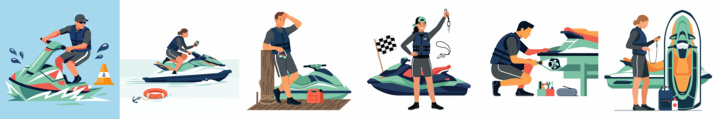 Naklejka premium Flat vector illustrations depicting various jet ski activities including racing, leisure riding, dockside relaxing, maintenance, and water sports preparation.