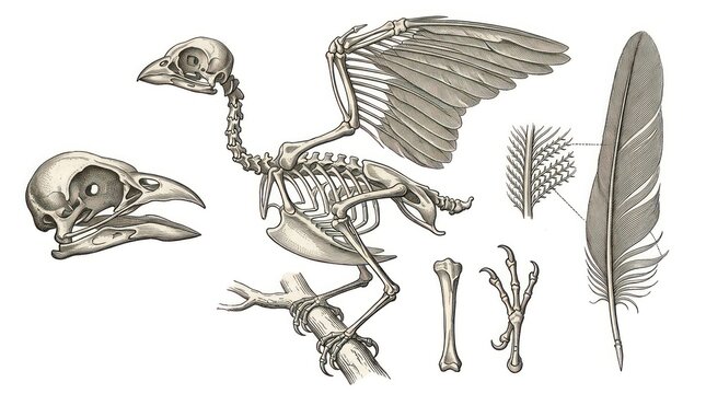 Dynamic Detailed Black and White of Bird Skeleton Skulls Feathers and Claws for Scientific Study
