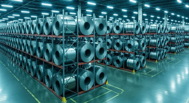 Rows of large metal coils stacked on industrial shelves in a vast warehouse, metal storage