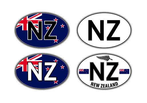 New Zealand, oval international vehicle registration code license plate car sticker, vector illustration