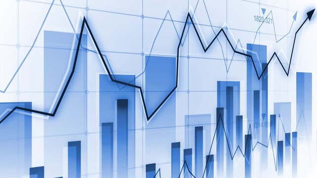Rising stock chart with glowing blue bars and line graph, Glowing financial chart with rising bars and line graph market growth and business analytics animation