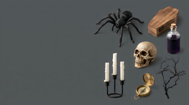 Spooky Halloween flat lay with skull and spider. Gothic occult objects on dark background. Creepy holiday decorations for party invitations. Halloween