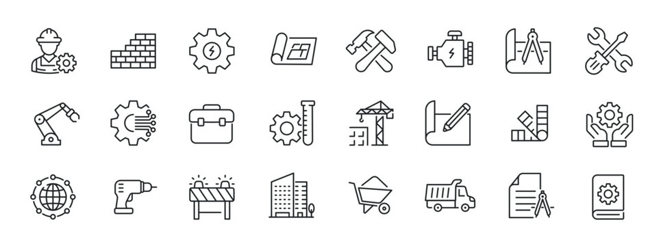 Engineering, building thin line icons. For website marketing design, logo, app, template, ui, etc. Vector illustration.
