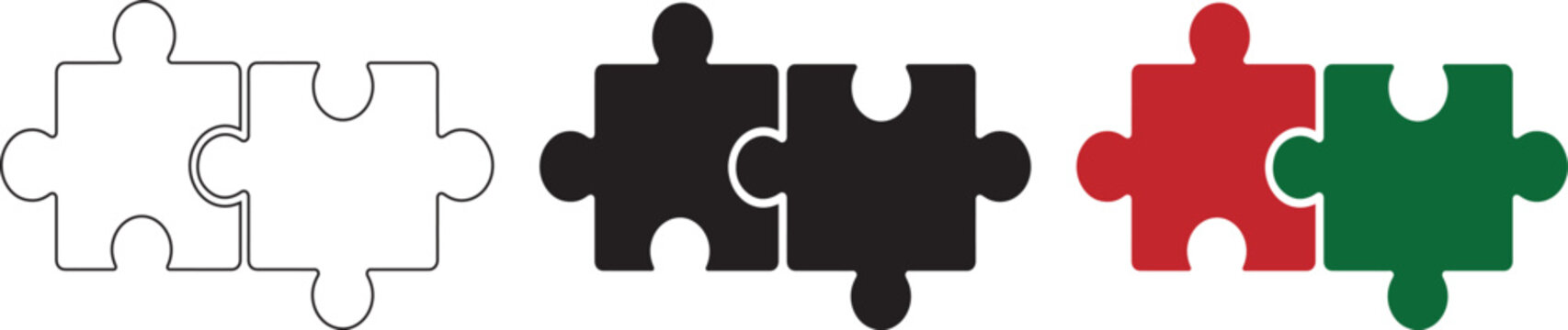 A series of three distinct two-piece puzzle sets displaying outline, solid black, and colorful red and green designs, representing teamwork, problem-solving, and unity, isolated on a white background