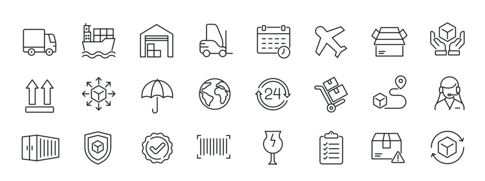 Delivery, logistic, cargo thin line icons. For website marketing design, logo, app, template, ui, etc. Vector illustration.
